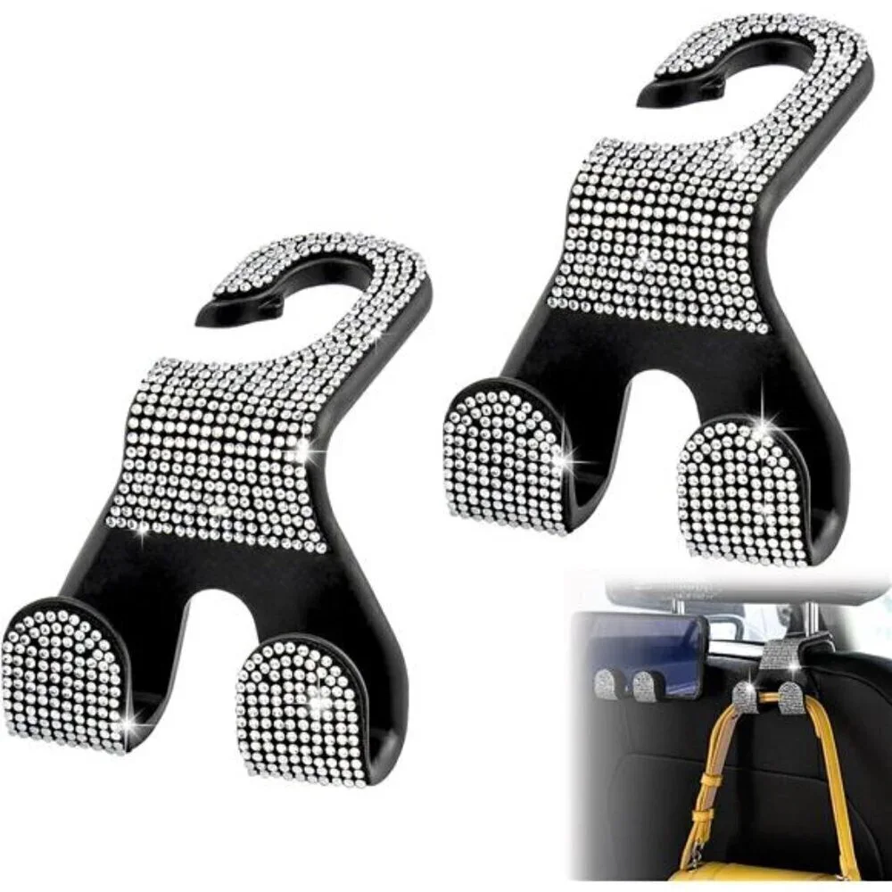 Bling Car Seat Hooks (2 Pack) Bling Rhinestone Crystal Hanger 2-Hooks Per Hanger